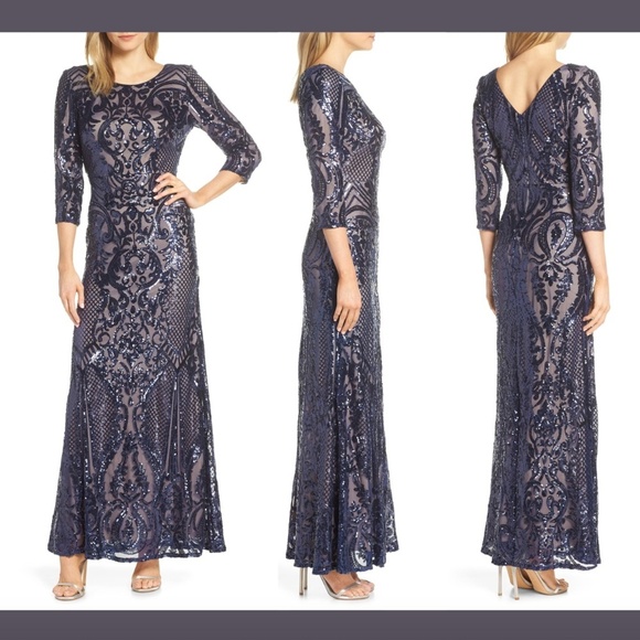 NWT $269‎ Alex Evenings Sequin Embroidered Mesh A-Line Gown Navy [ SZ 8 ] #E936 - Picture 1 of 12